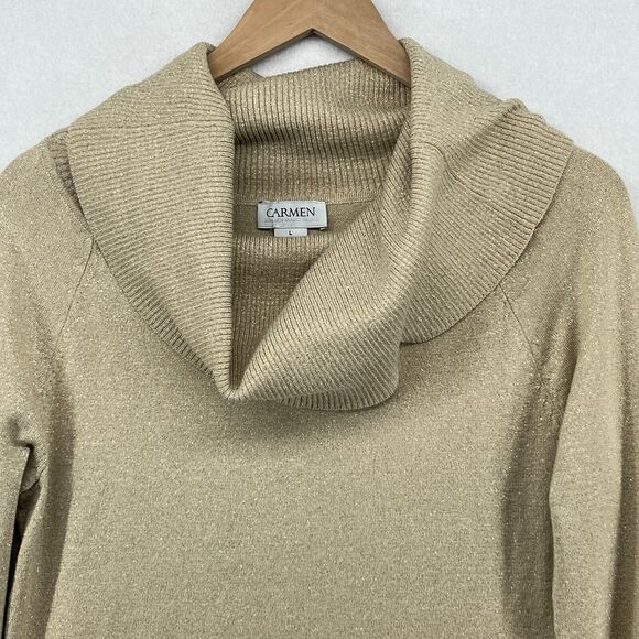 CARMEN Sweater L MARC VALCO Cowl Neck Metallic Pullover Rayon Blend Beige Gold - Picture 3 of 14